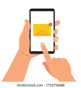New email notification on mobile phone. Finger touch screen. Vector Illustration.