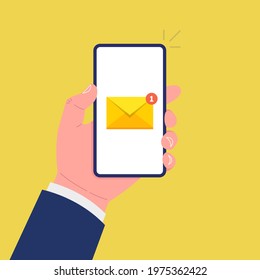 New email notification on mobile phone. New unread messages. Mail letter on phone screen. Hand holding mobile phone. Vector illustration.
