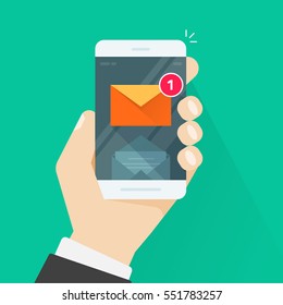 New email notification on mobile phone vector illustration, smartphone screen with new unread e-mail message and read mail envelope icons, inbox concept