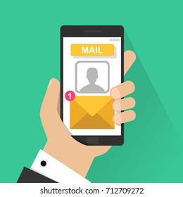 New email notification on mobile phone vector illustration, smartphone screen with new unread e-mail message and read mail envelope icons, inbox concept, vector illustration