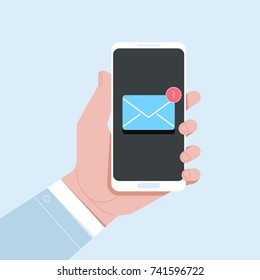 New email notification on mobile phone vector illustration, smartphone screen with new unread e-mail message and read mail envelope icons, inbox concept