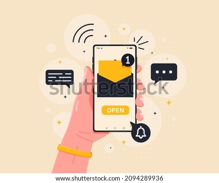 New email notification on mobile phone, smartphone screen with new unread email and read envelope icons, inbox concept. 