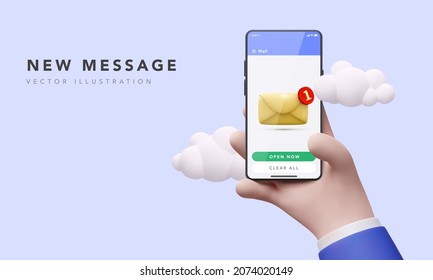 New email notification on phone. Mail notice on phone screen. Vector illustration.