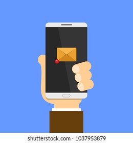 New Email Notification on smartphone screen. Hand holds the smartphone. Flat design illustration.
