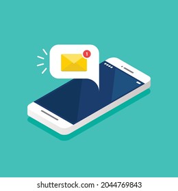 New email notification on the smartphone screen isometric. Vector illustration