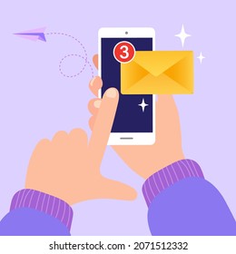 New Email Notification on smartphone. Hand holds the smartphone and finger touches screen. read mail envelope icons. inbox concept. Vector illustration.