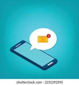 New email notification on the smartphone screen isometric 