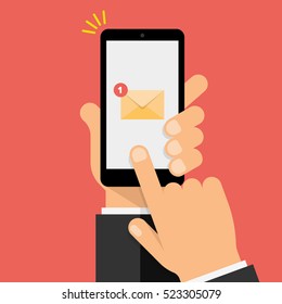 New Email Notification on smartphone screen. Hand holds the smartphone and finger touches screen. Modern Flat design illustration.