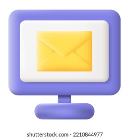 New Email on Computer Monitor Isolated on White Background. Email Notification Concept. 3D Vector illustration