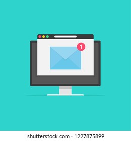 New email on computer screen, e-mail envelope with notification received and browser, idea of newsletter message, electronic mail, vector illustration