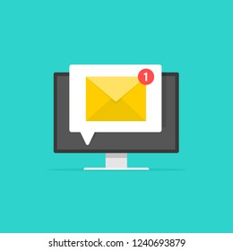 New email on computer screen, e-mail envelope with notification received and browser, idea of newsletter message, electronic mail, vector illustration.