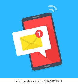 New Email On Mobile Phone Screen. Unread New Message E-mail Inbox Or Sms Concepts. Smartphone With Email Notification. Modern Flat Design. Vector Illustration