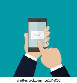 New Email on smartphone screen. Hand holds the smartphone and finger touches screen. Flat design