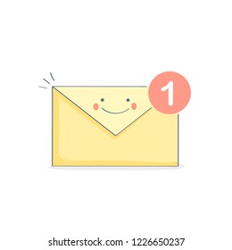 New Email, Email, open letter, Inbox message, sms with funny face. Mail notification, sending messages via internet, communication, sharing spam, news and information, promotion concept. Flat vector.