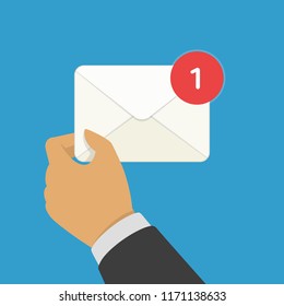 New Email or SMS message incoming. Hand holding envelope, letter. Mail notification or coming messages concept. Vector illustration in modern flat style. EPS 10.