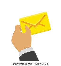 New Email or SMS message incoming. Hand holding envelope, letter. Mail notification or coming messages concept. Vector illustration in modern flat style. EPS 10.