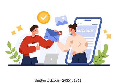 New email and SMS notification in mailbox mobile app. Tiny girl on phone screen giving envelopes with letters and documents to user, receipt report on mail platform cartoon vector illustration