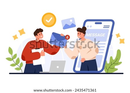 New email and SMS notification in mailbox mobile app. Tiny girl on phone screen giving envelopes with letters and documents to user, receipt report on mail platform cartoon vector illustration