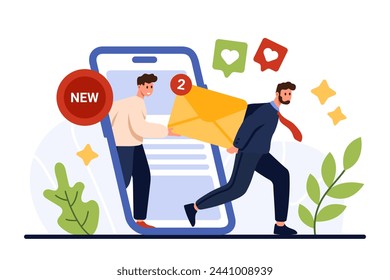 New email and SMS notification report in mailbox mobile app. Tiny people carry envelope with mail letter from phone screen, notify about message in digital service cartoon vector illustration