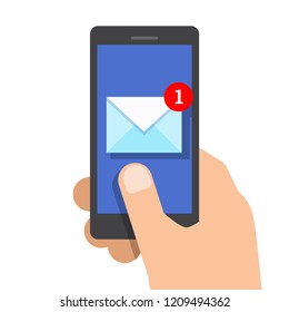 New email or sms on smartphone screen. Vector illustration