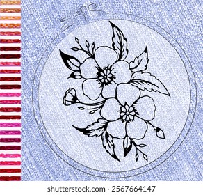 New embroidery. Colorful seamless pattern brush embroidery thread seam, fabric sewing machine stitches line border, textile seam. Needlework.  Template tambour frame with a canvas, element...