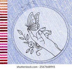 New embroidery. Colorful seamless pattern brush embroidery thread seam, fabric sewing machine stitches line border, textile seam. Needlework.  Template tambour frame with a canvas, element...