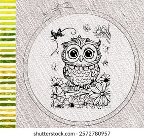 New embroidery. Colorful seamless pattern brush embroidery thread seam, fabric sewing machine stitches line border, textile seam. Needlework.  Template tambour frame with a canvas, element...