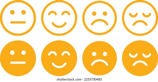 New Emojis list yellow face icon set. Modern Emoticons Set. Different Reactions design. smile yellow icon design