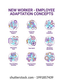 New employee adaptation concepts icons set. Process of helping workers idea thin line RGB color illustrations. Applicable and productive. Vector isolated outline drawings. Editable stroke