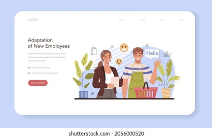 New employee adaptation web banner or landing page. Personnel manager providing employee with job instructions. Human resources training, staff counselling. Isolated flat vector illustration