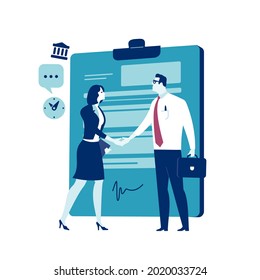 New employee. Agreement. Business people shaking hand in front of a signed contract. Business illustration
