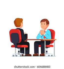 New employee applicant and boss meeting sitting at his desk holding hands together in raised steeple gesture of confidence. Job interview HR officer and candidate. Flat style isolated illustration.