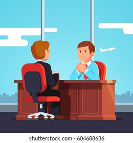 New employee & boss meeting. Executive manager sitting at desk holding hands in raised steeple gesture. Job interview CEO or HR officer and candidate. Flat style modern vector isolated illustration.