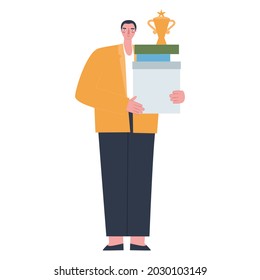 A new employee came to a new job with a box and a cup. Flat vector illustration of a person.