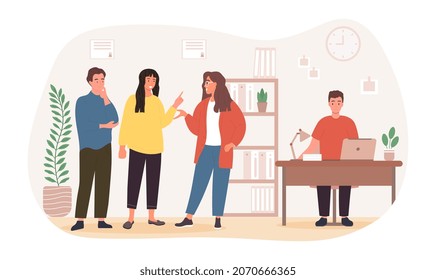 New Employee At Collective. Men And Women Do Not Pay Attention To Colleague. Sad Man Sitting At Desk And Working On Laptop. Team Does Not Accept New Member Of Company. Cartoon Flat Vector Illustration