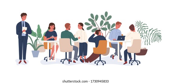 New Employee At Collective Vector Flat Illustration. Male Afraid Public Speaking In Front Of Audience Isolated On White. Chief Giving Dull Team Meeting To Colleagues Demonstrating Lack Of Interest