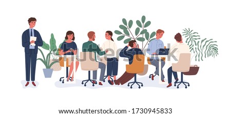 New employee at collective vector flat illustration. Male afraid public speaking in front of audience isolated on white. Chief giving dull team meeting to colleagues demonstrating lack of interest