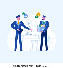 The New Employee Comes In The Work Office With A Box Of Things. Vector Illustration Of The First Working Day. Simple Concept With Working Situation.