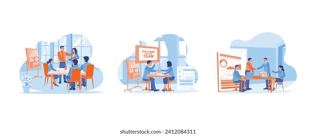 New employee concept. Introducing new employees. Welcome to our team. Congratulate colleagues. set flat vector modern illustration 