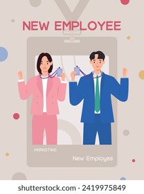 New employee concept. Man and woman in business suits. Vector illustration