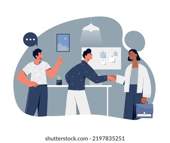 New employee concept. Men greet women at work. Friendly characters, good atmosphere in team and office. Recruitment, staff expansion in company or organization. Cartoon flat vector illustration