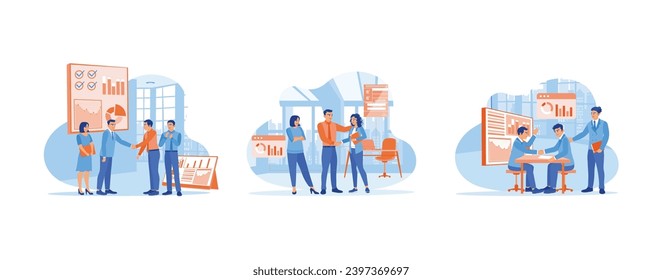 New employee concept. Welcome to join our team. Manager shaking hands with new employee. Businessman shaking hands with colleague. set trend modern vector flat illustration