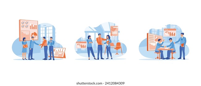 New employee concept. Welcome to join our team. Manager shaking hands with new employee. Businessman shaking hands with colleague. set flat vector modern illustration 