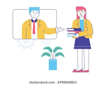 A new employee delivering a stack of books to the manager in the office. Character design. Vector flat illustration