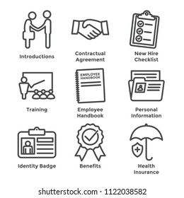 New Employee Hiring Process icon set   with checklist, handshake, training, etc