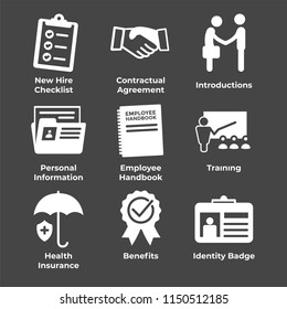 New Employee Hiring Process icon set   with checklist, handshake, training, etc