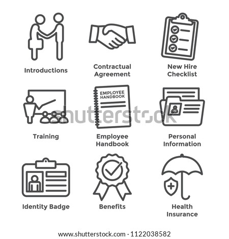 New Employee Hiring Process icon set   with checklist, handshake, training, etc