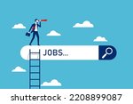 new employee job search with businessman looking. find unemployment. seek for work vacancies position. Hiring and recruiting. Hold binoculars to see job opportunities. vector illustration flat style.