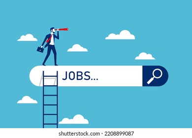 new employee job search with businessman looking. find unemployment. seek for work vacancies position. Hiring and recruiting. Hold binoculars to see job opportunities. vector illustration flat style.