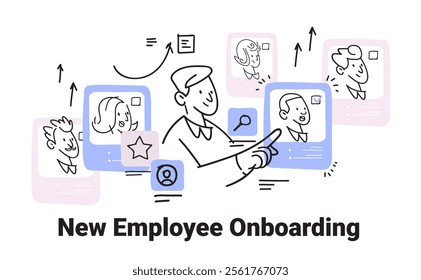 New employee onboarding process concept illustrated with people profiles arrows and icons in a sketch style design template